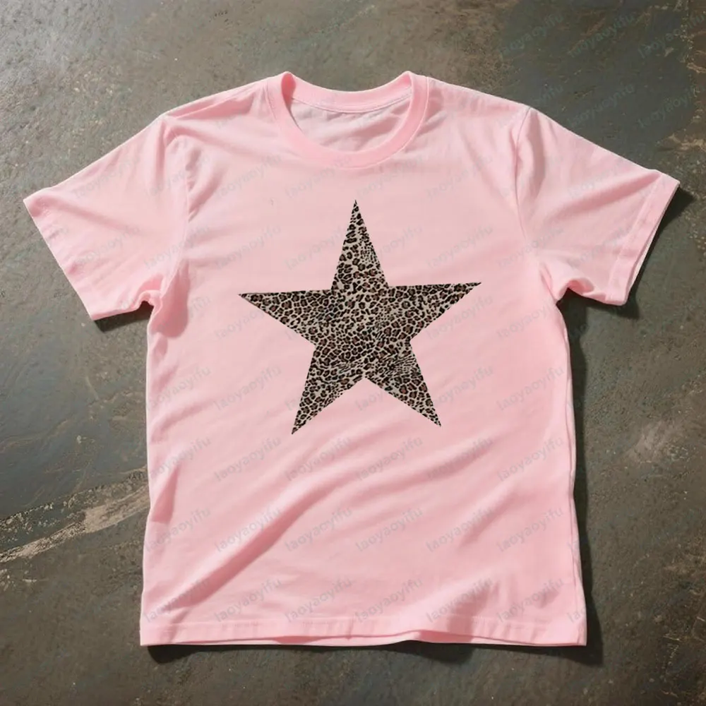 Leopard Star Print Round Neck Short Sleeve Y2K Harajuku Style Women T-Shirt Young Fashion Girls Clothing Casual Cotton Tee Tops