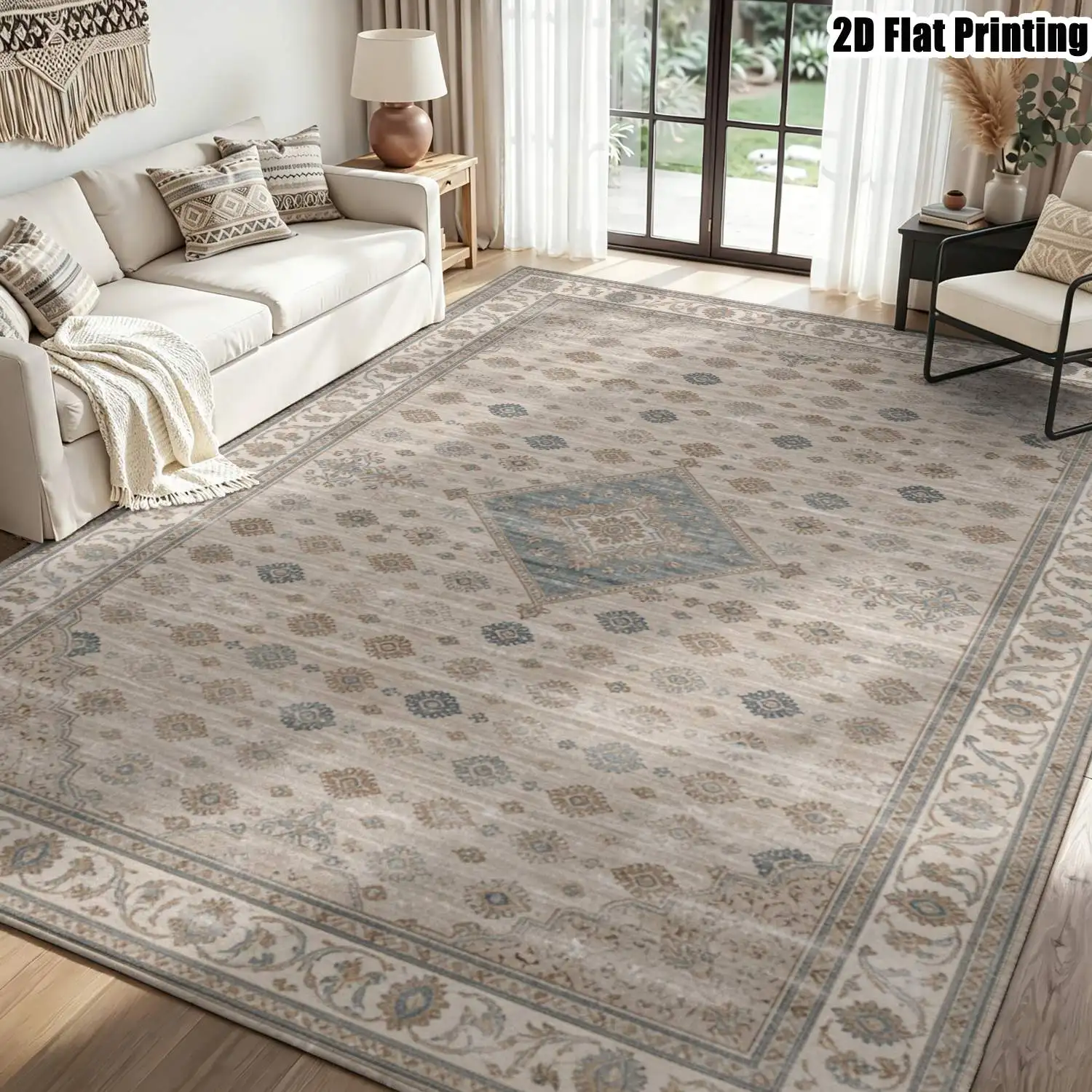 1Pc 2D Printed Blue-Grey Geometric Pattern Carpet: Retro European, Modern Minimalist, Machine Washable, Multi-Size, Suitable for Home Decor in Living Room, Bedroom, Dining Room, Entrance, Study