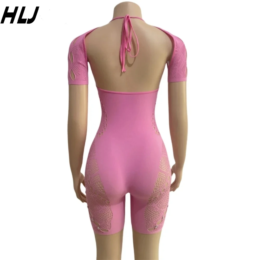 HLJ Nero Sexy Hollow Lace Bodycon Pagliaccetti Donna Girocollo Manica lunga Prospettiva Tute Donna Solid Hole Slim Tute