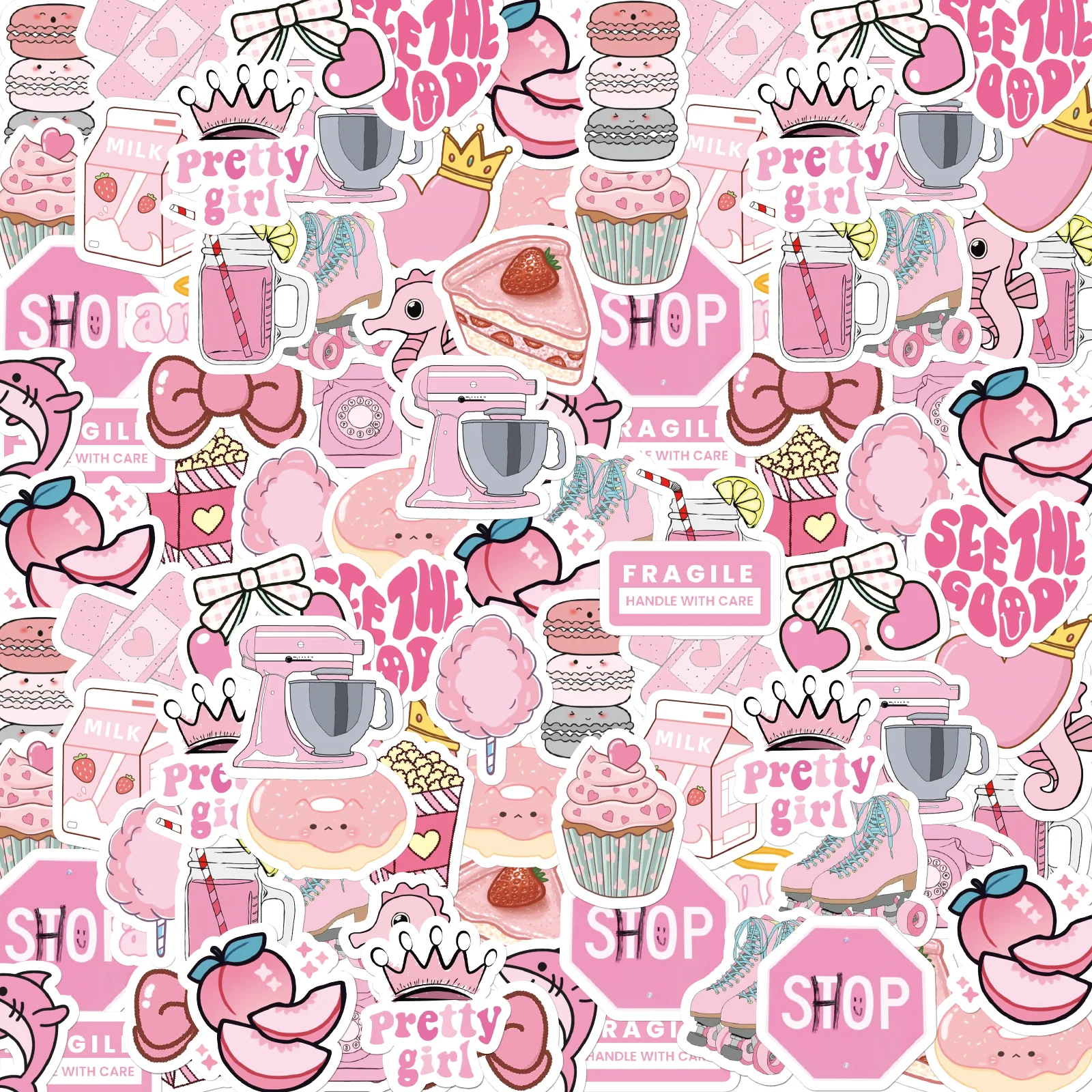 46pcs Bear, Shark, Rose Pink Theme Stickers Decorated Diary Notebook Water Bottle Classic Toy Stationery Paper-Cut Thin Decal