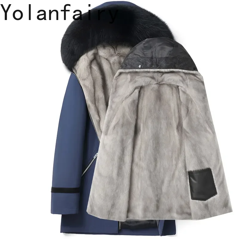 

Мужская зимняя парка YOLANFAIRY из натурального меха с капюшоном и воротником из лисы, теплая, со съемной подкладкой из меха норки, средней длины, верхняя одежда (Casaco)