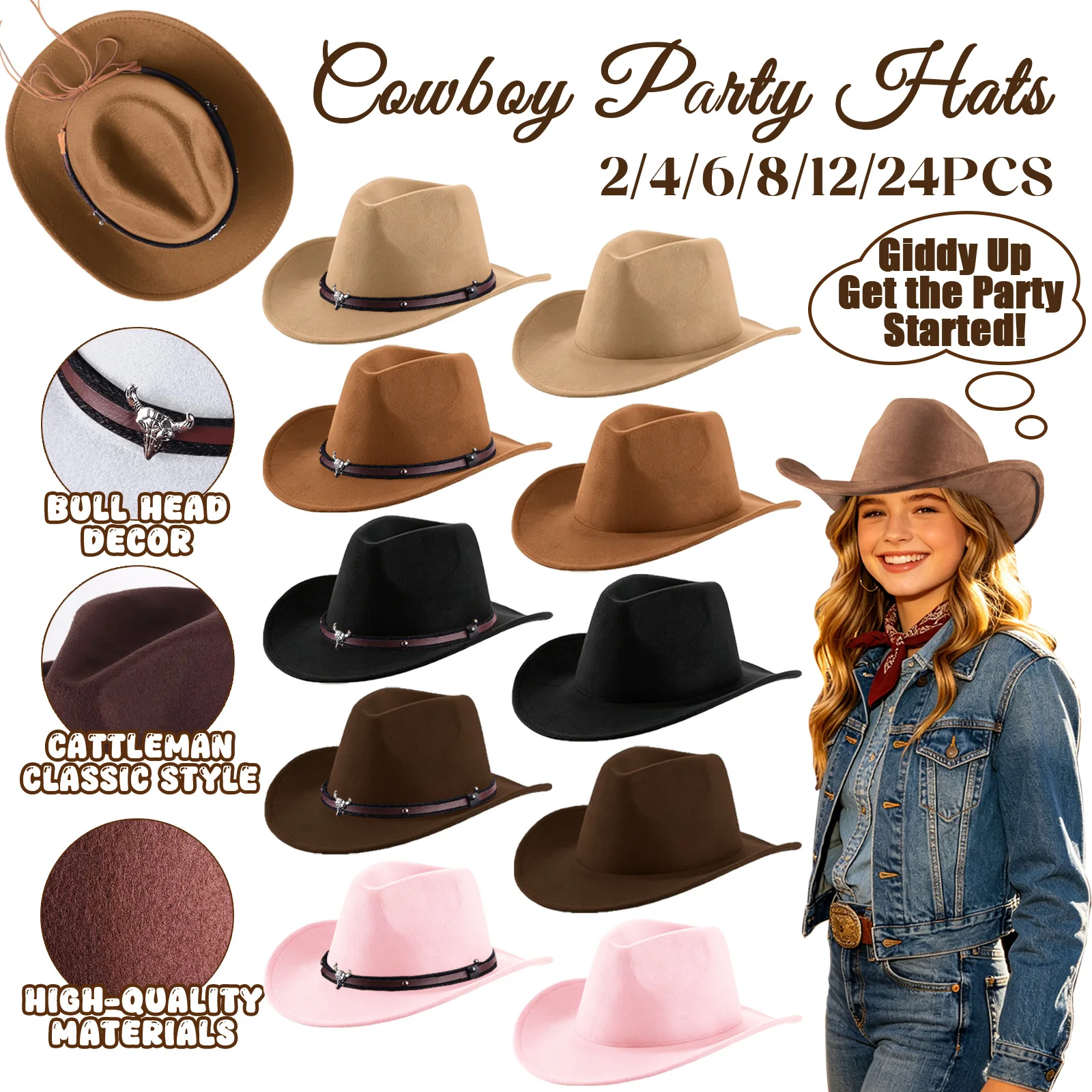 4-24 Piezas Sombrero Vaquero del Oeste para Hombre y Mujer, Ajustable, de Fieltro, Estilo Fedora de Ala Ancha, para Disfraz de Soltero Adulto