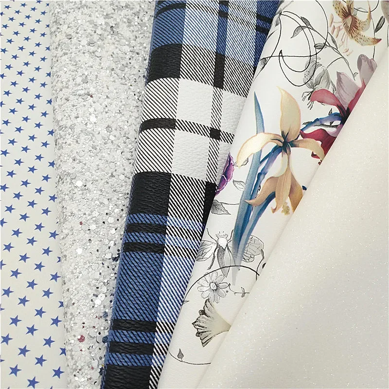 White Glitter Leather Tartans Flowers Stars Printed Synthetic Leather Fabric Suede Synthetic Leather Sheets For Bows DIY  W445