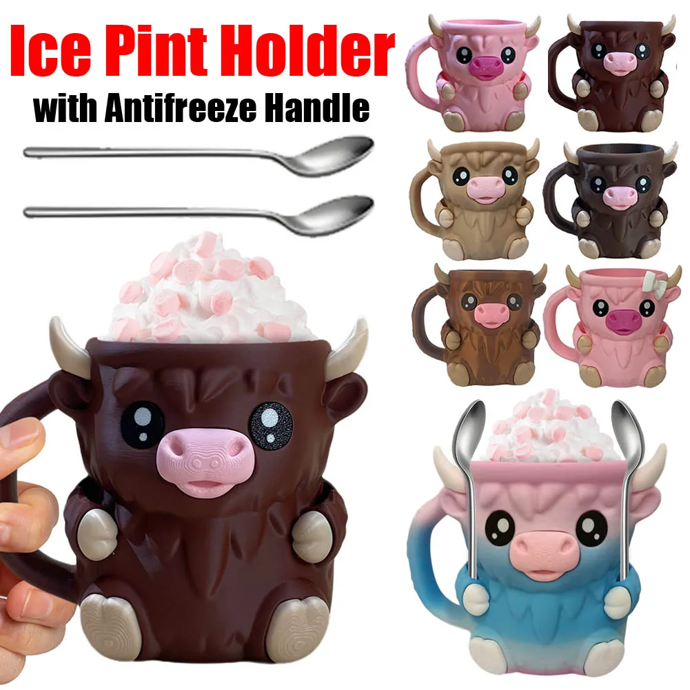 

Highland Cow Ice Pint Holder Reusable 3D Printed Ice Cream Pint Containers with Snack Drawer & Handle Highland Cow Lovers Gifts