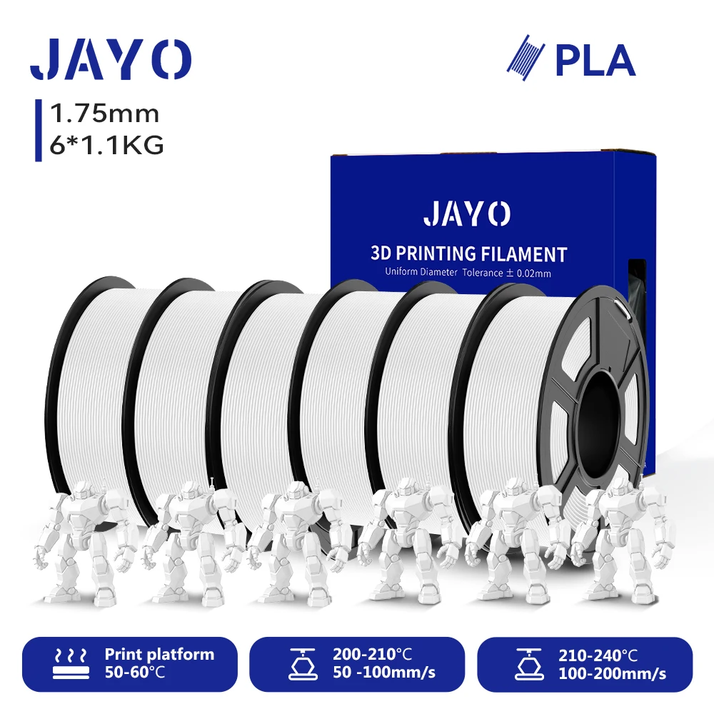 JAYO 6 Rollen 3D PLA Druckerfilament 1,75mm Ungiftig & Blasenfrei PLA-Kunststoff als 3D-Druckfilament für 99% der 3D FDM Drucker & Stifte