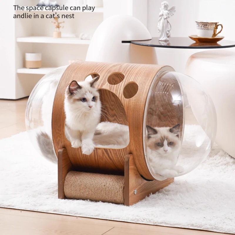 

Transparent Cat Bed Acrylic Cat House with Wooden Climbing Frame All-Season Kitty Condo for Indoor Modern Space Capsule Pet Nest