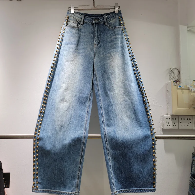 Handsome Beading Stretch White Denim Pants 2026 New Autumn All-match High Waist Floor-length Wide Leg Casual Straight Jeans