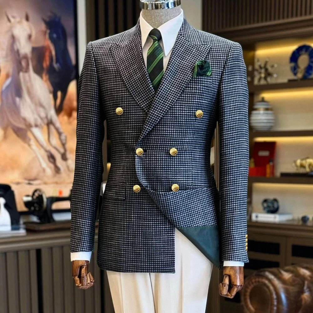 

Elegant Houndstooth Men's Suits Set Slim Fit Gentleman Two-Piece Blazer & Pants Peaked Lapel Formal Wedding Business Office Wear