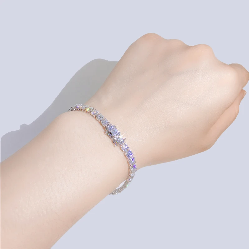 

European And American Jewelry 3mm925 Silver Hip Hop Single Row Tennis Chain Moissanite Bracelet Women's Tennis Bracelet