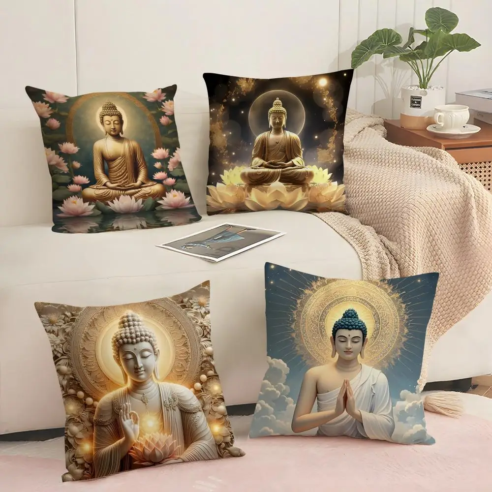 Buddha statue and lotus Cushion Cover Silky Short Plush Sofa Pillow Cover Hidden Zipper Soft Dustproof Case for Home Decor