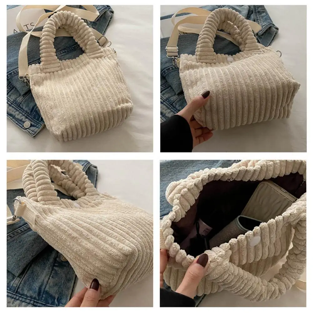 Errands Handbag Corduroy Shoulder Bag for Women Solid Color Crossbody Purse with Adjustable Strap Top Handle Handbag for Errands