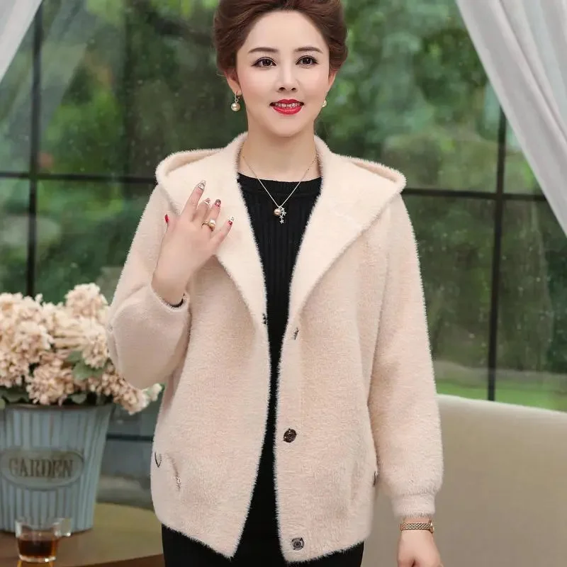 Imitation Mink Velvet Coat Women\'s Spring Autumn Sweater Thickened Jacket Hooded Knitting Outwear 2024 New Cardigan Female Tide