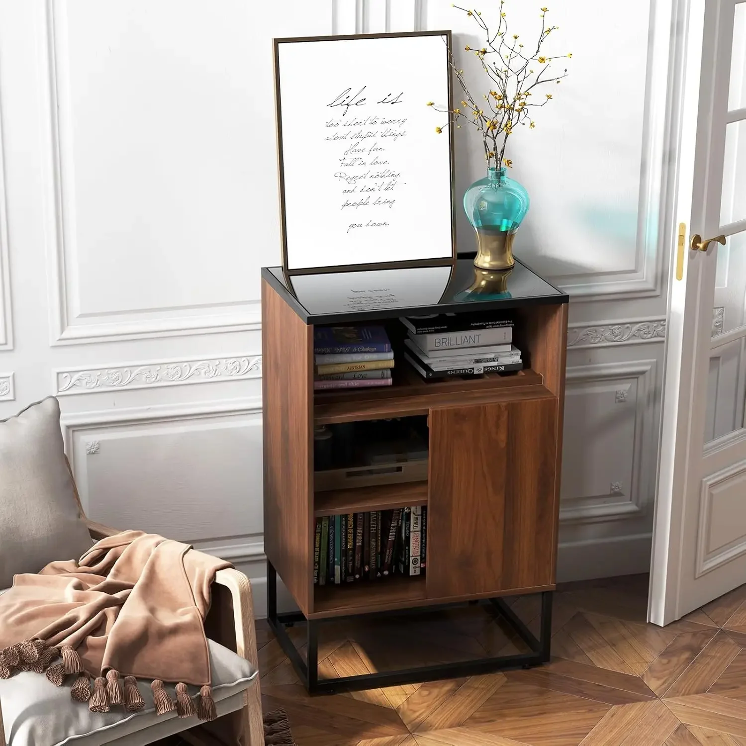 Wine Cabinet with Storage, Wine Bar Rack Cabinet with Tempered Glass Top, Wine Rack, Adjustable Shelf & Sliding Door