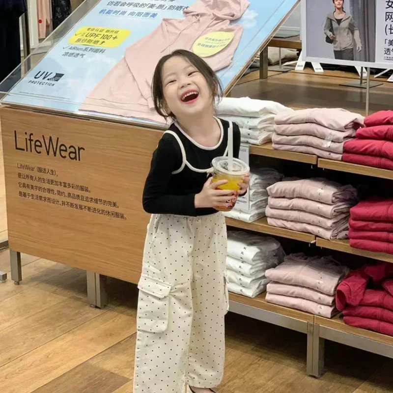 

Комплект для девочек, осень 2021, новая футболка в корейском стиле с длинными рукавами, удобные комбинезоны в горошек для отдыха