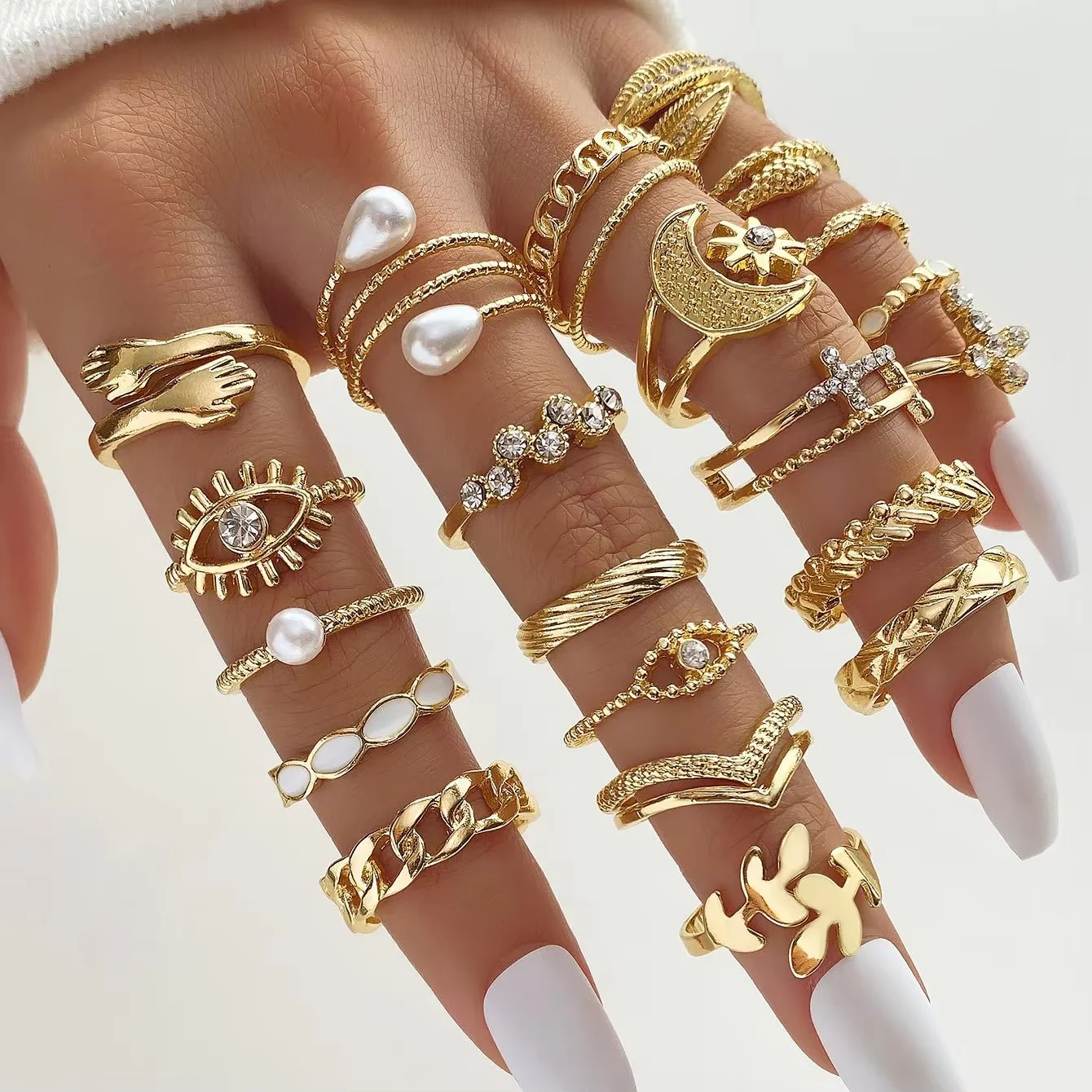 Vintage Elegant 66 Piece Fashion Ring Set Gold Color Pearl Geometric Rings Design for Women Daily Party Wear Jewelry Gifts 2024