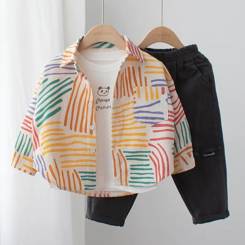 

Children's Shirt Set 2023 Spring New Boy's Long-Sleeve Shirt Two-Piece Pants