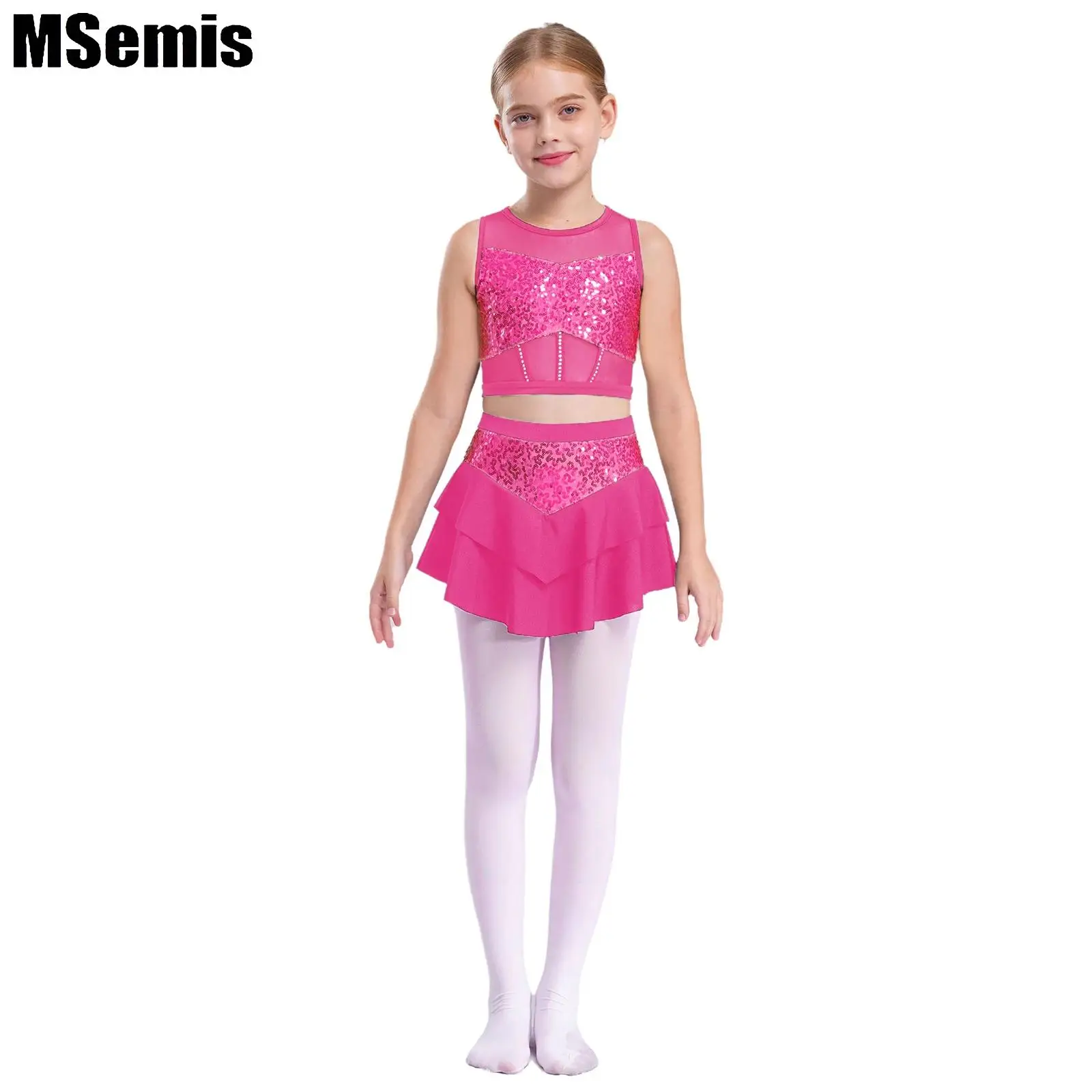 

Kids Girls Shiny Sequins Dance Sets Sleeveless Cutout Back Sheer Mesh Patchwork Crop Top with Tiered Skirt for Jazz Cheerleading