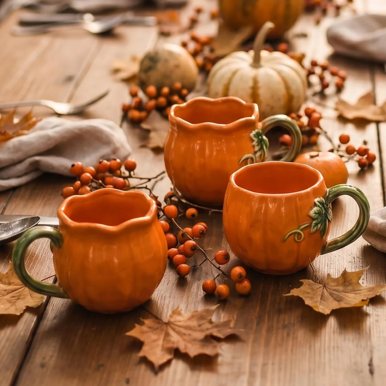 1Pc Creative Pumpkin-Shaped Ceramic Mug 3D Embossed Vine Handle Coffee Milk Cup Halloween Thanksgiving Home Decoration Drinking Cup