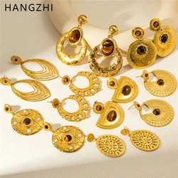 HangZhi Bohemian Natural Stone Drop Earring Brown Stone Gold Color Large Wide Vintage Pendant Geometric Jewelry for Women New