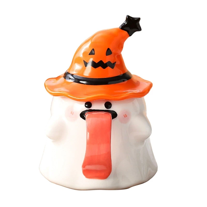 Halloween Cup With Witch Hat Cover Specter, Cute Originality Tongue Out Mug, Novelty Halloween Ceramic Tea Cup