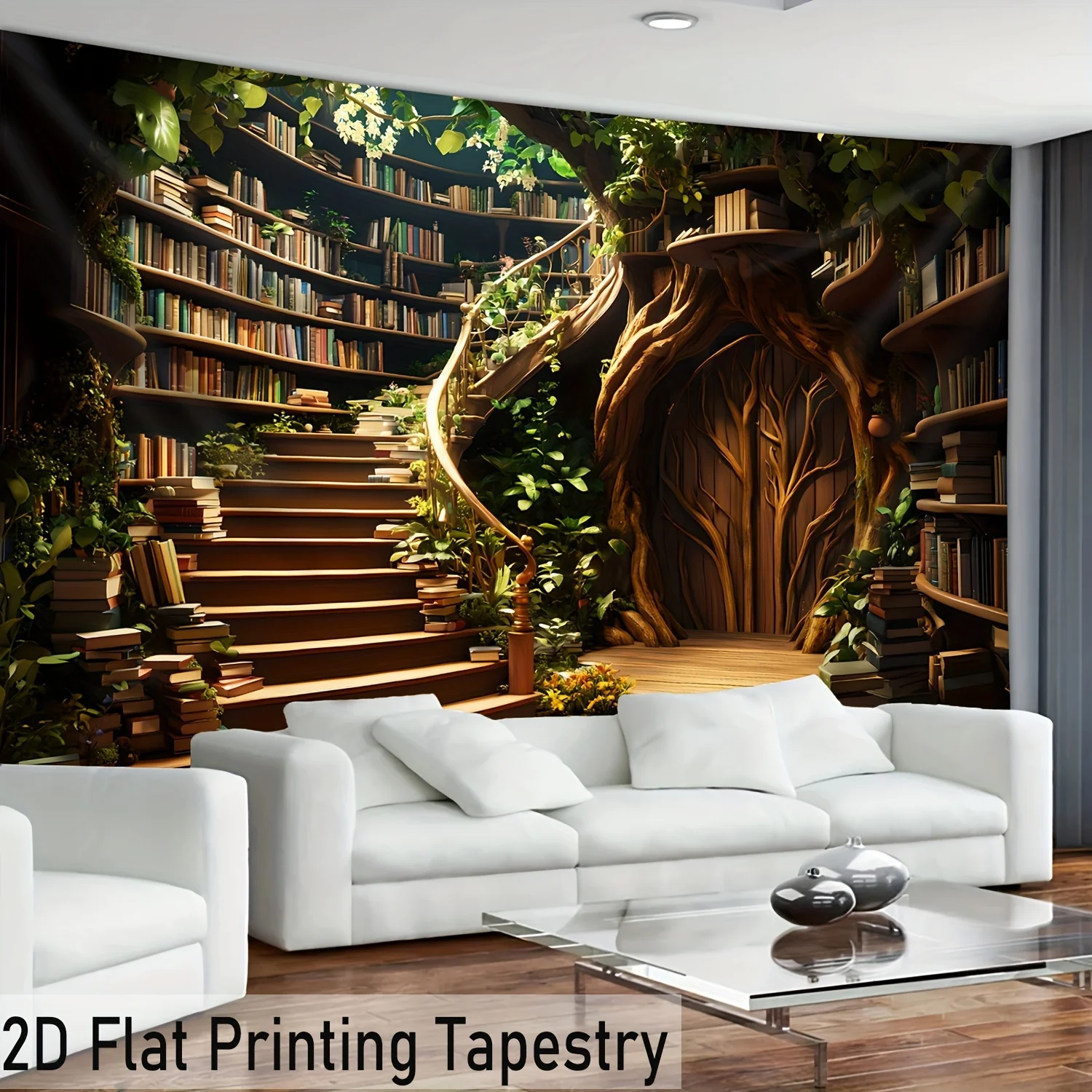 Fantasy Forest Library Tapestry Wall Hanging Treehouse Bookshelf Staircase Wall Art Tapestry for Living Room Bedroom Home Decor