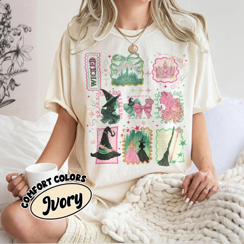 Retro Wicked Stamps Shirt, Defying Gravity Tee, Elphaba Glinda Wizard Musical Shirt, Pink Green Broadway TShirt