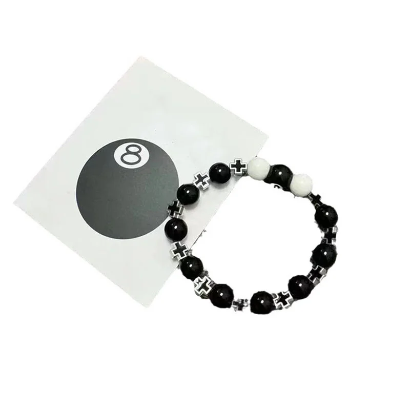 Billiard Black Eight Cross Bracelet Black And White Spliced Beads Strings For Men For Billiard Lovers And Daily Wear