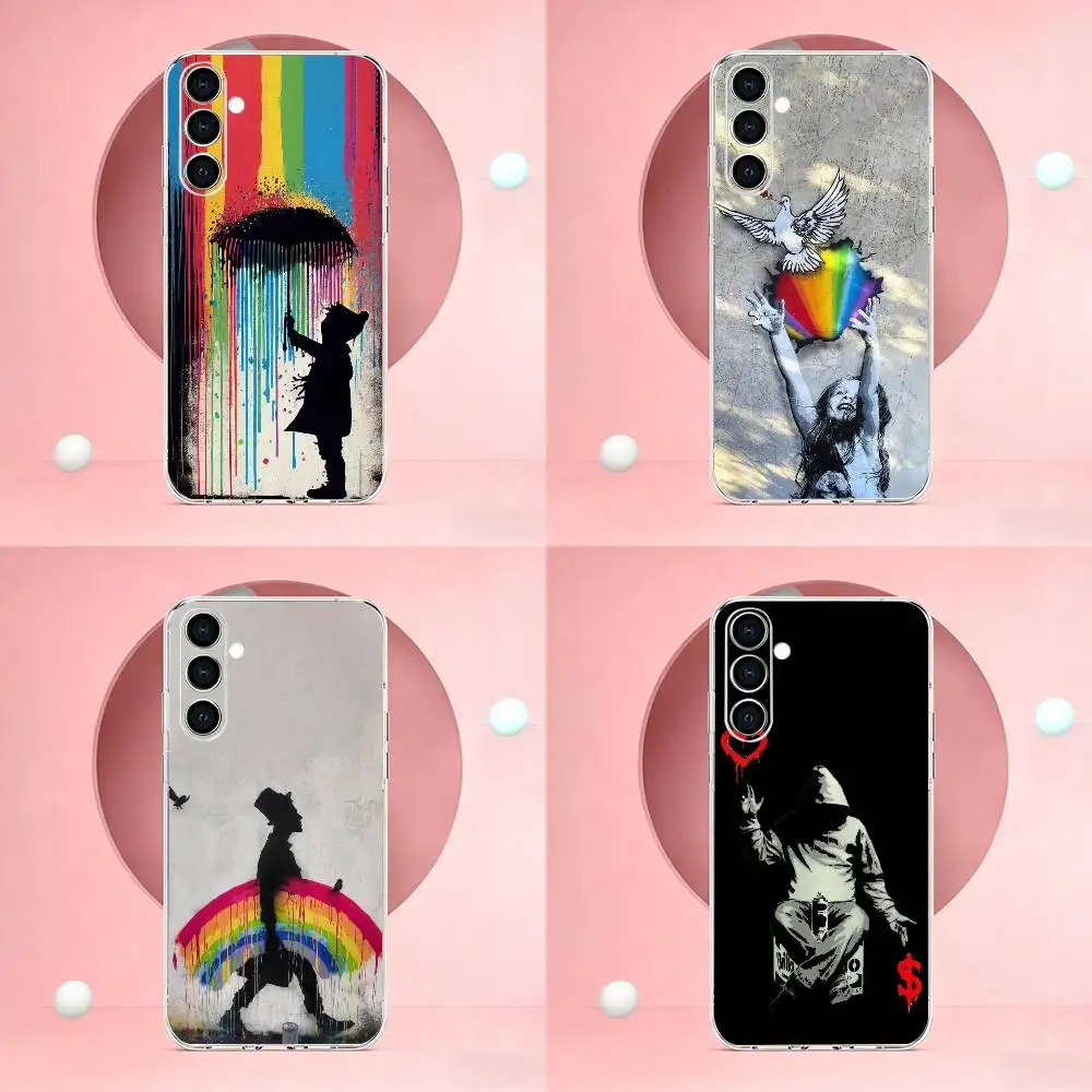 Painting Graffiti Artist Banksy Phone Case Transparent Soft TPU Case For Samsung A73,A72,A70,A71,A53,A52,A51