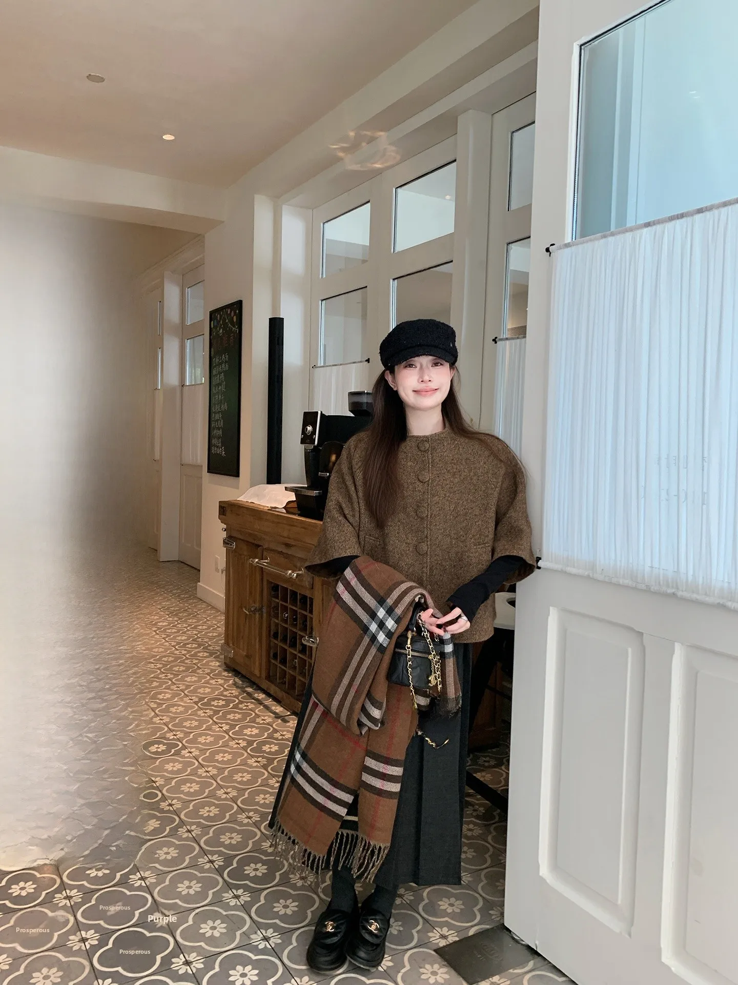 

Ele Woolen Cloak Vintage Wool Blend Women's Jaet Five-Quarter Sve Korean Sle Commute Faion Winter New Arrival