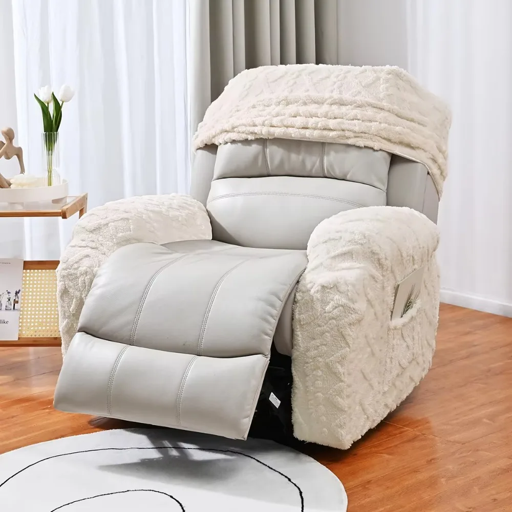 Double Side Jacquard Braid Winter Velvet Single Sofa Cover Elastic Wear Resistant Recliner Sofa Cover Warm with Side Pocket