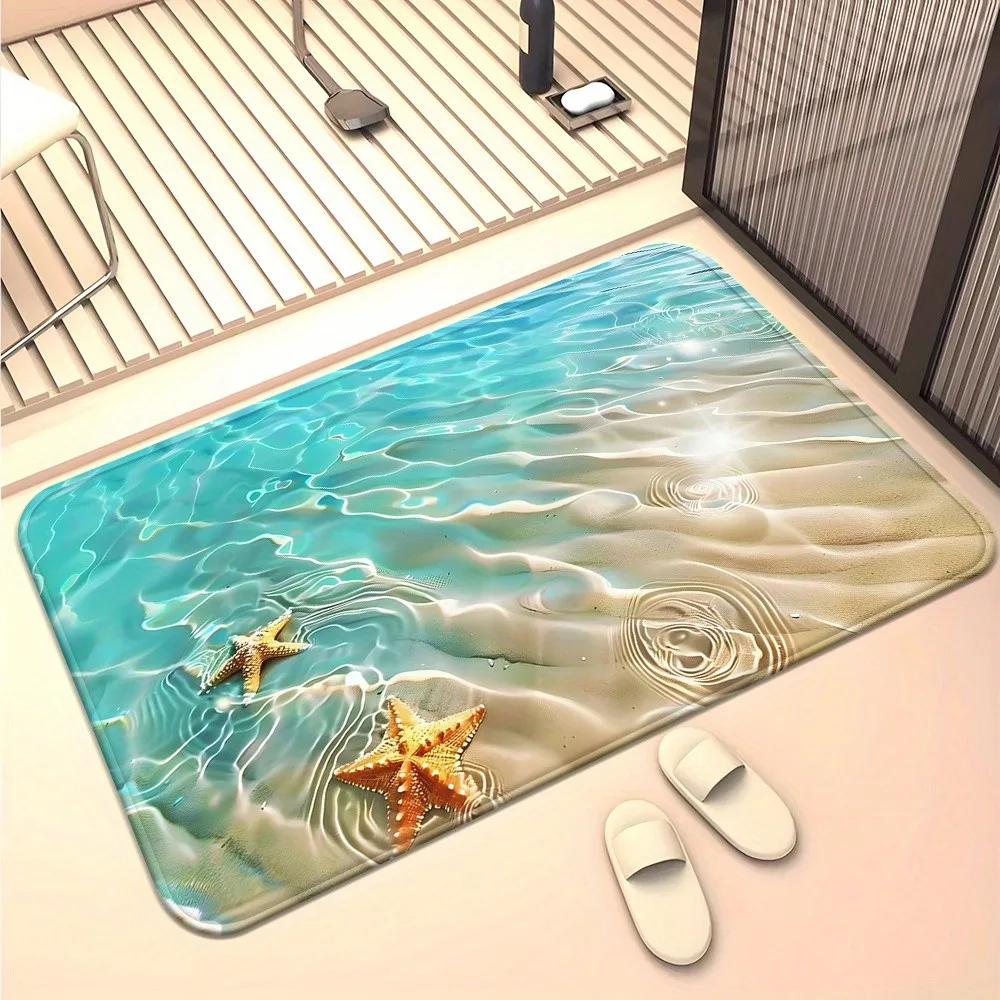 VIKAMA 2D-Fußmatte mit optischer Täuschung, Ozean-Fußmatte, Seestern-Wellenmuster-Design, perfekt für Badezimmer und Schlafzimmer, Heimdekoration
