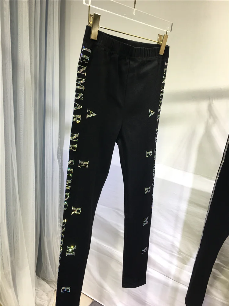 Letters Hot Blingbling Drilling Female Bottoming All-match Elastic High Waist Black Skinny Pants Out Wear Street Leggings