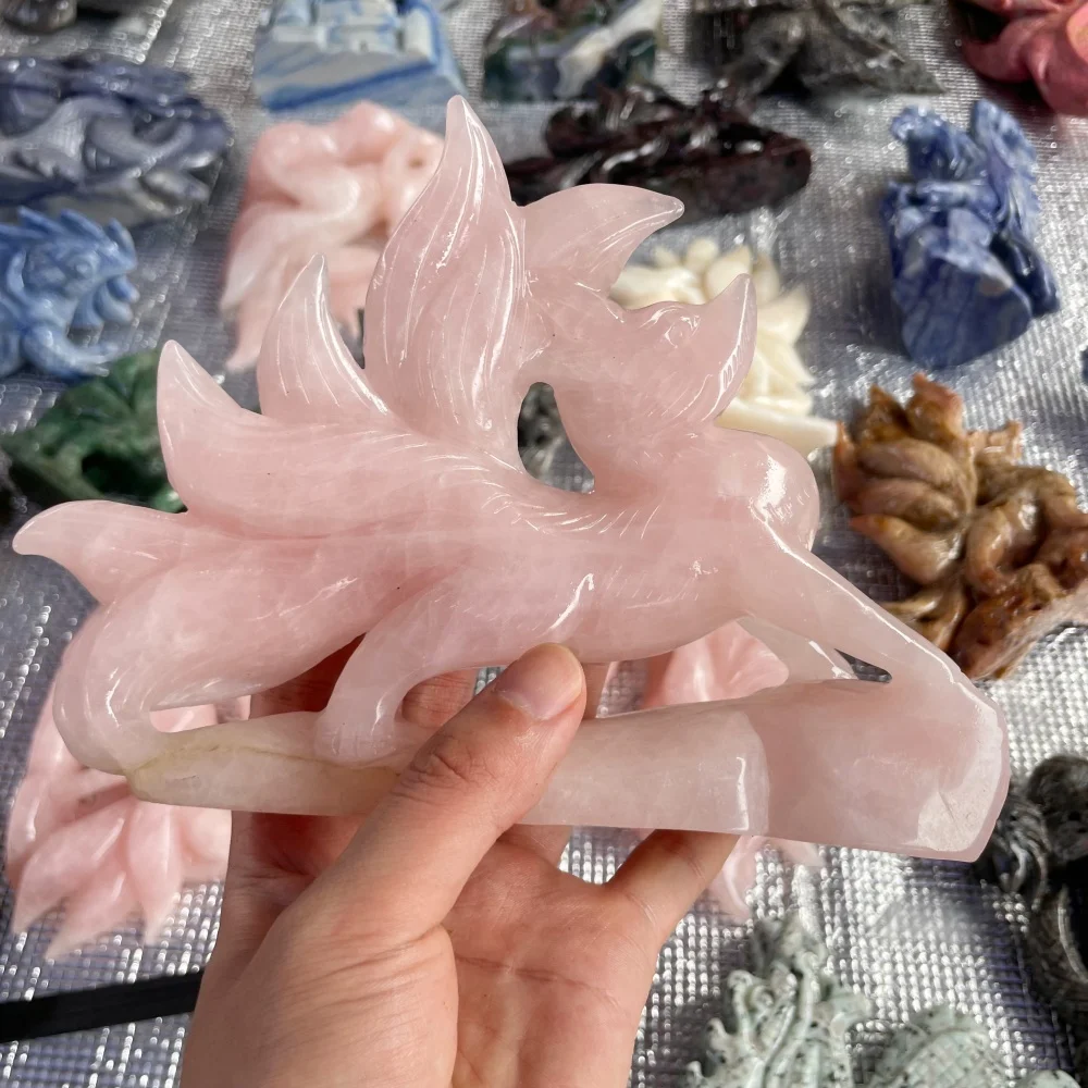 1PCS Natural rose quatrz Nine-Tailed Fox Carving Polished Reiki Healing Feng Shui Energy Stone Room Decor Gift