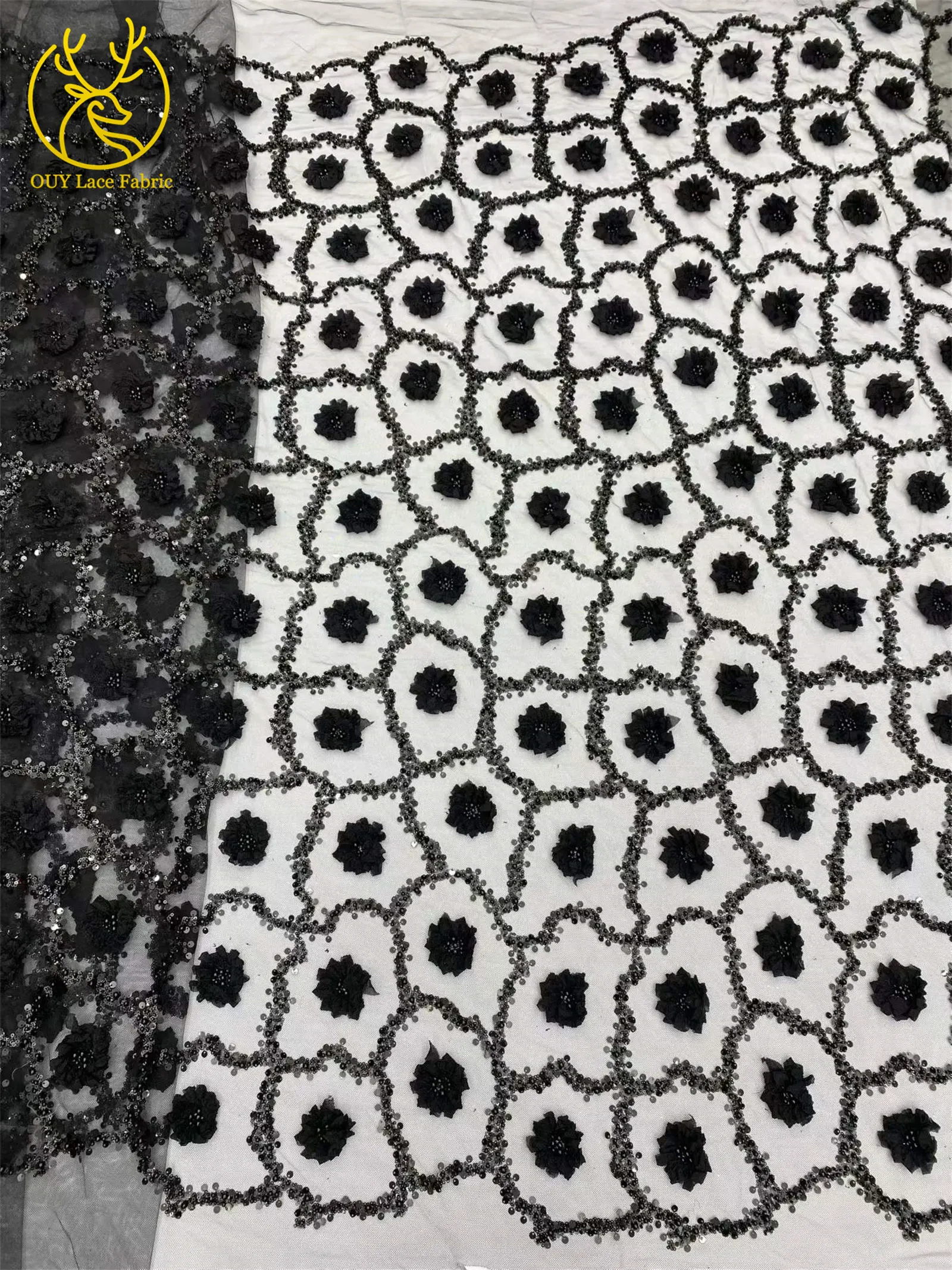 Elegantes Abendkleid 3D-Blumen-Spitzenstoff Afrikanischer Pailletten-Perlen-Spitzenstoff Hochwertiger Nigerianischer Französischer Tüll-Spitzenstoff – Detail 21