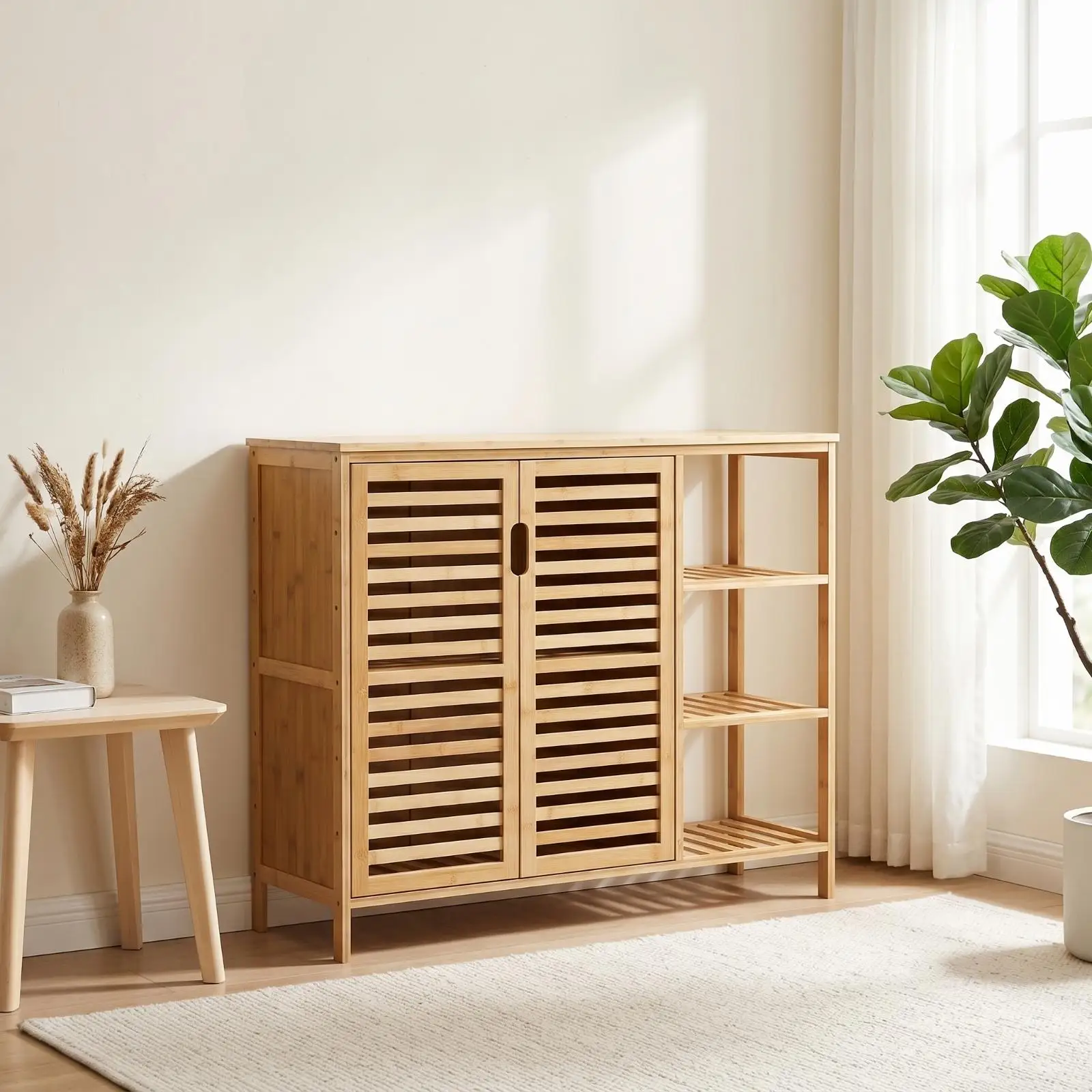 Bamboo Cabinet Freestanding Slatted Door Cabinet Ventilated Furniture for Entryway Bathroom Lavatory Living Room