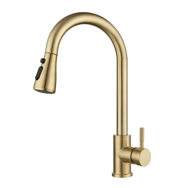 304 stainless steel kitchen pull-out faucet with cold and hot expansion, lead-free brushed gold sink faucet