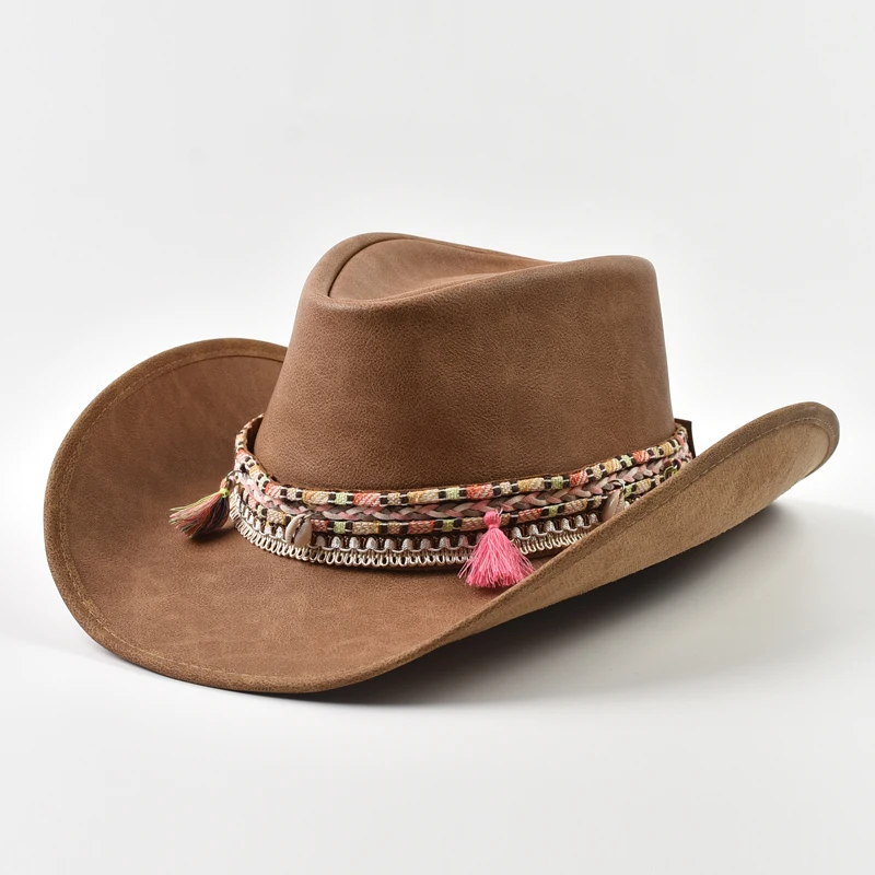 New 100% Leather Men Women Western Cowboy Hat Wide Brim Godfather Hats Gentleman Church Sombrero Hombre Jazz Cap
