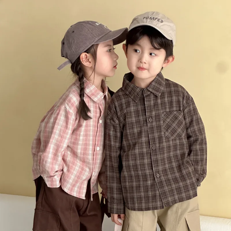 

2025 Autumn Winter Boy Girl Cotton Children Long Sleeve Shirt Brown Pink Plaid Soft Kiks Clothes Unisex 3y-12y All Age Tops