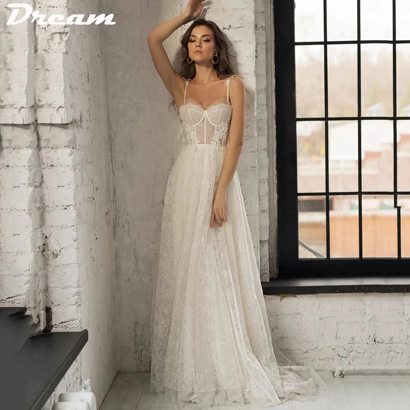 DREAM Spaghetti Strap A Line Wedding Dresses Sweetheart  Full Lace Vintage Bride Dress Sleevelss Backless Custom Bridal Gowns