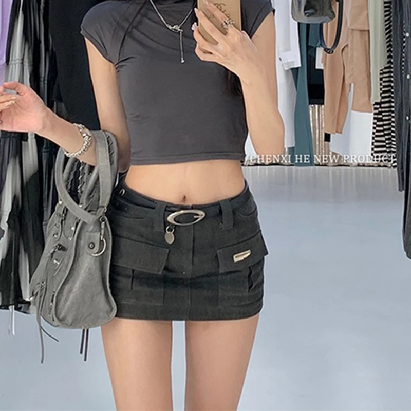 Y2K 2000S Cargo Mini Skirt Women Harajuku Vintage Belt Hip Wrap Skirts Summer Gothic Aesthetic Sexy Slim A Line Short Skirt New