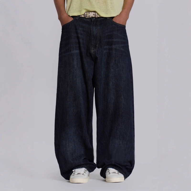 Hksh primavera outono novo homem na moda vintage carta impressão jeans chique hip-hop angustiado em linha reta perna larga y2k calças hk14122