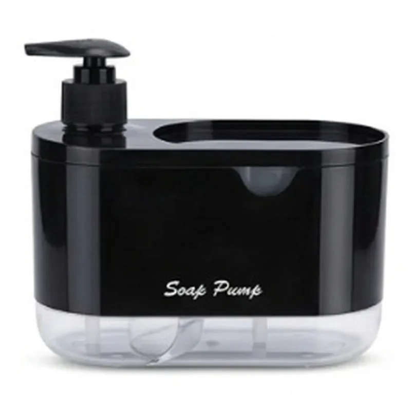 2-in-1 Kitchen Soap Dispenser with Sponge Holder, Large Capacity Press Soap Pump, 19.5x9.5x11cm, White & Black