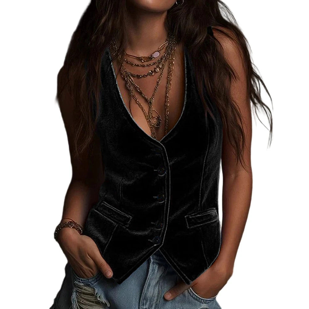 Retro Velvet Vest for Women Featuring Sleeveless Construction V Neck and Slim Fit Cut for Office and Street Fashion