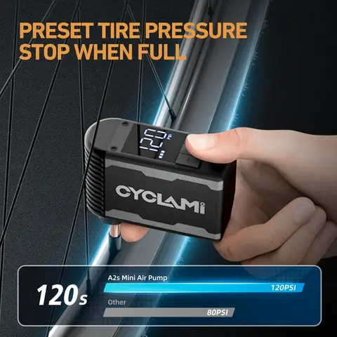 CYCLAMI A2S 120 PSI 미니 전기 펌프 휴대용 자전거 무선 공기 팽창기 Presta Schrader 밸브 FV AV 사이클링 MTB 도로 자전거