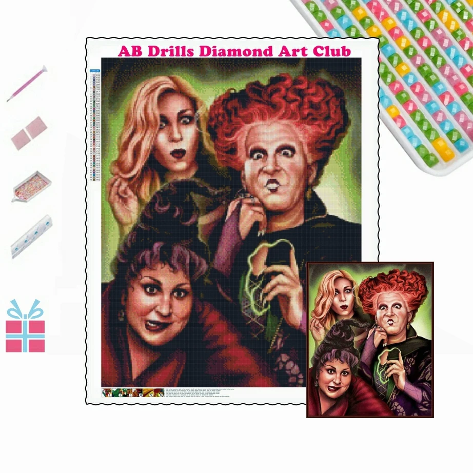 Hocus Pocus AB Drill Diamond Painting Sanderson Sisters Halloween Horror Witch Pictures of Rhinestones Cross Stitch Home Decor