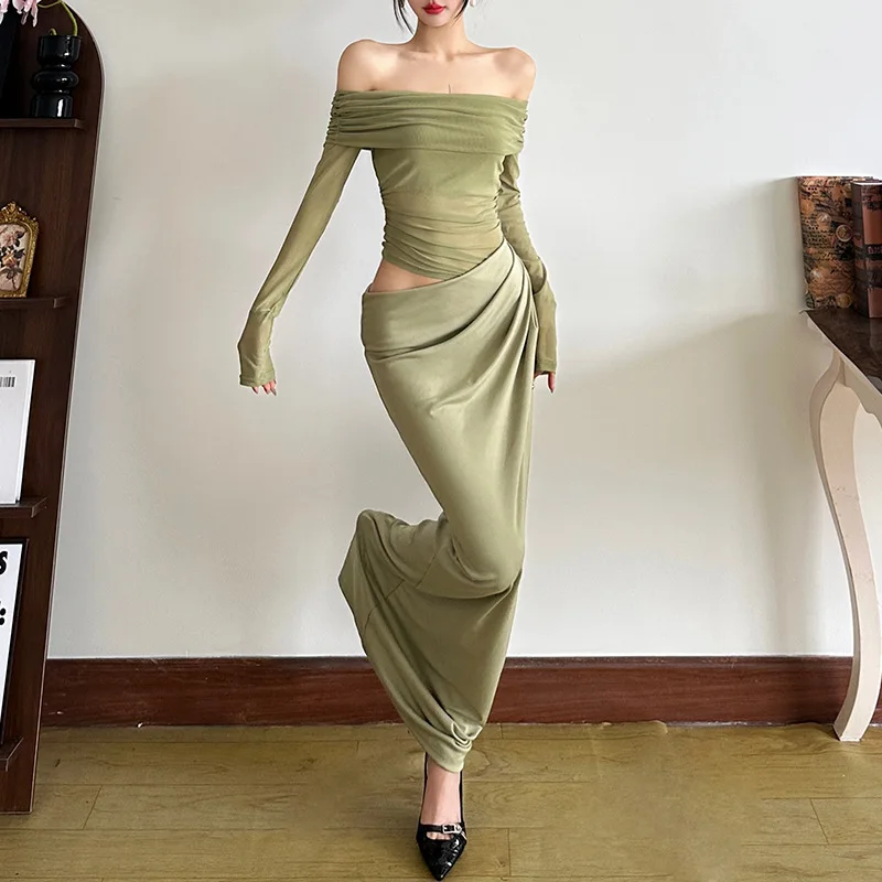 2025年春新作 レディース セクシー スパイスガール ワンワードカラー チュール ホロードレス ワンピース 欧米風