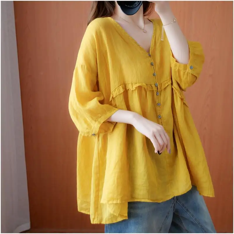 Women Summer Trendy Ruffle Oversized Asymmetrical Blouses Solid V Neck 3/4 Sleeve Cotton Linen Shirts Y2K Streetwear Tops Ropa