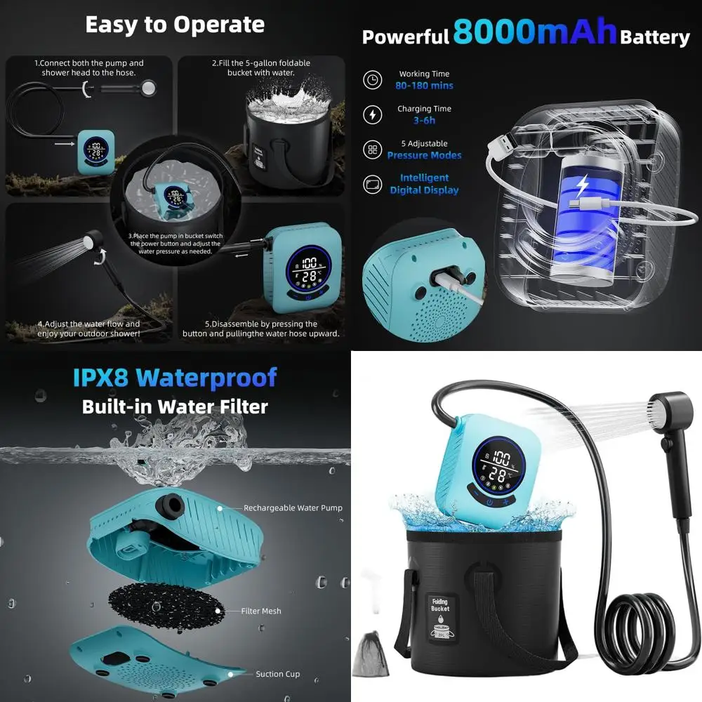 

5 Gallon Rechargeable Electric Shower Pump for Camping, 8000mAh Battery, LED Display