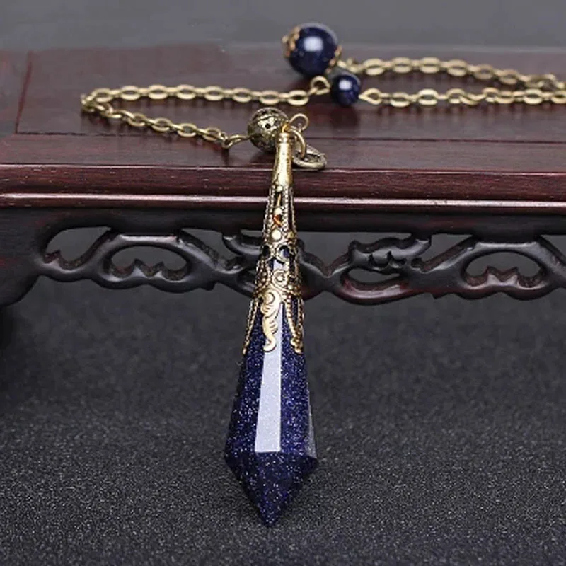 Blue Sand Stone Pendulum Faceted Dowsing Pointed Crystal Gemstone Pendant Chakra Meditation Blue Sandstone Pendulum Magic Gift