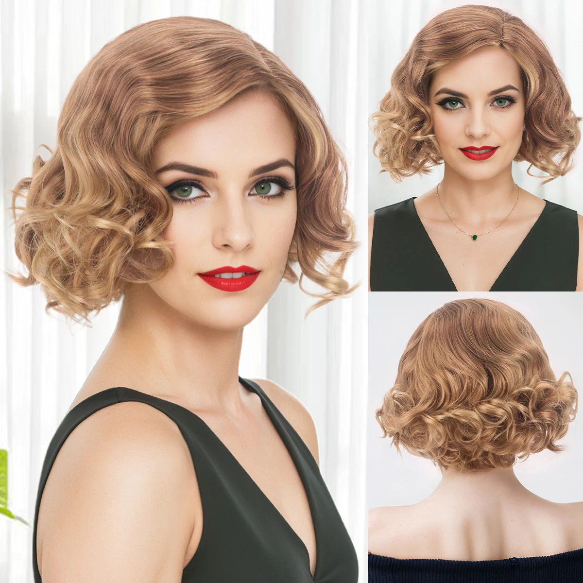

Short curly hair, fluffy head cover, new style, fashionable gradient golden color, middle parting Synthetic fiber wig